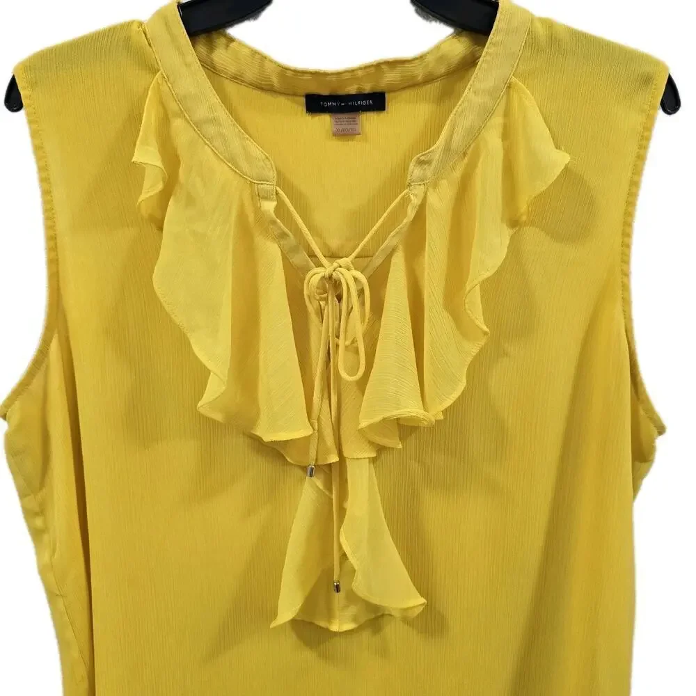 Tommy Hilfiger Womens XL Yellow Ruffle Tie Neck Chiffon Sleeveless Top blouse